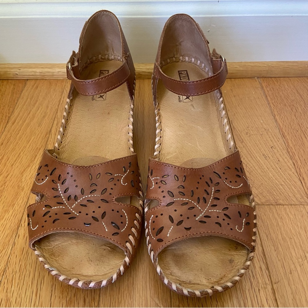 PIKOLINOS Margarita Brown Leather Wedge Sandals Size 41 Cut Out Comfort Boho - Picture 4 of 12